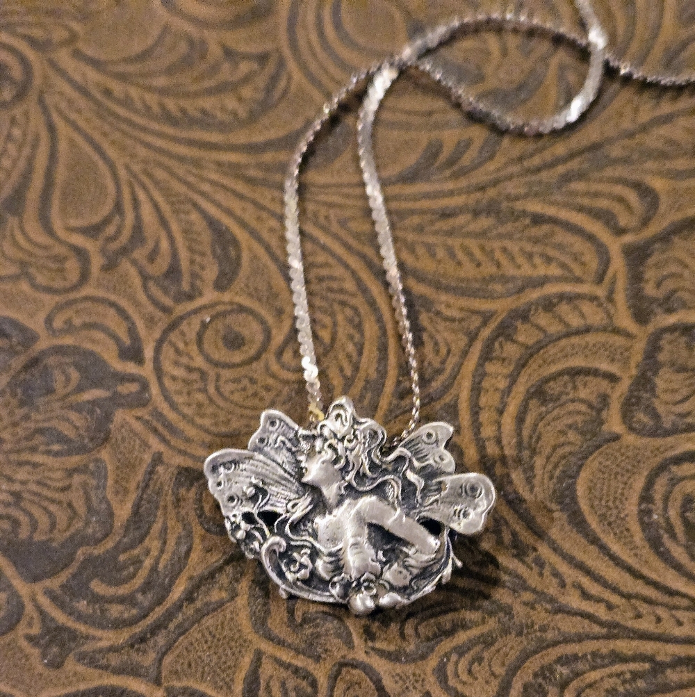 Sterling Silver Art Nouveau Fairy Pendant Necklace - Picture 3 of 6